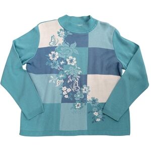 Allred Dunner Vintage Women's Long Sleeve Blue Floral Crew Neck Sweater Sz L